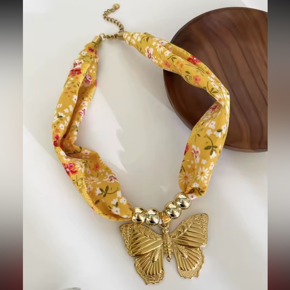 Golden Butterfly 18K Gold Stainless Steel Floral Scarf Choker Necklace - Picture 5 of 11